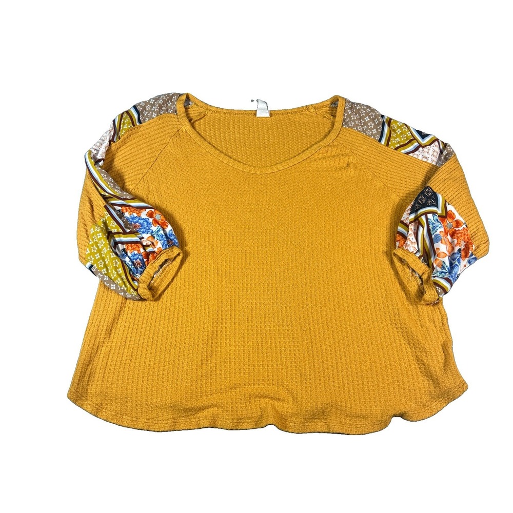 7th Ray Womens 3/4 Sleeve Waffle Knit Top Yellow Mixed Print Boho Shirt Medium